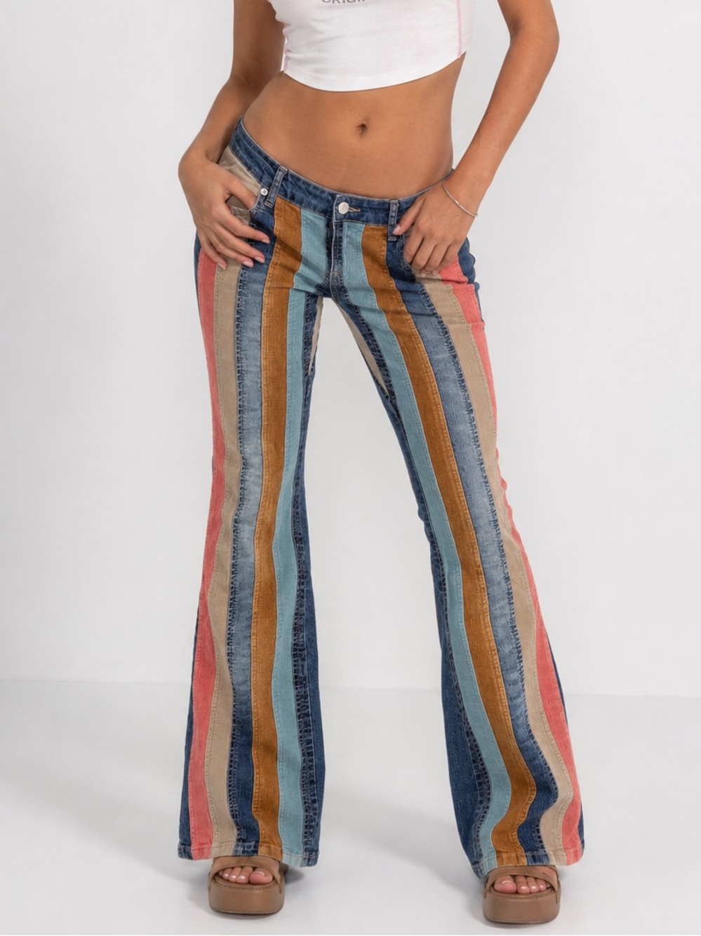 Vintage Y2K Low Rise Stripe Patchwork Hippie Flare Pants Tractor Jeans